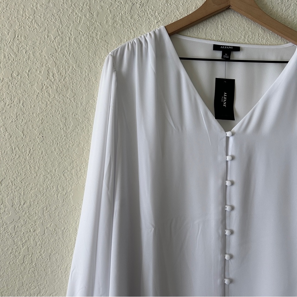 Alfani White Button-Front V-Neck Blouse - Picture 2 of 6